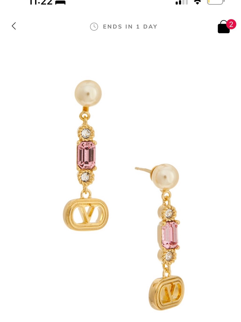 Valentino Gold Drop Earrings with Pink Crystals and Pearl Studs